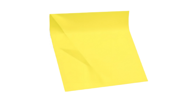 A single yellow sticky note attached to a white background wall with transparent background