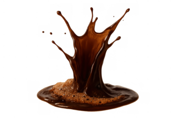 Splashing chocolate liquid creating a dynamic crown shape, showing movement and rich texture, transparent background