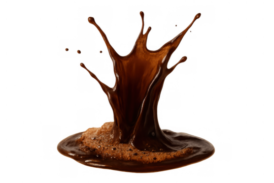 Splashing chocolate liquid creating a dynamic crown shape, showing movement and rich texture, transparent background