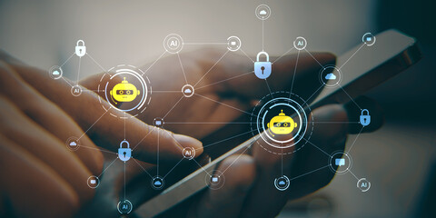 Person using smartphone with futuristic chatbot interface icons representing artificial intelligence network and digital assistant technology.