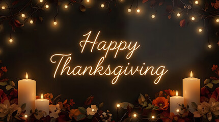 A beautiful, moody "Happy Thanksgiving" graphic featuring glowing white script text, framed by tall burning pillar candles, fall flowers, leaves, and warm, twinkling fairy lights on a dark background.