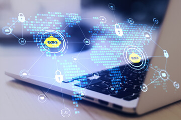 Futuristic chatbot and AI network concept with digital icons and world map overlay on laptop keyboard in tech environment background.