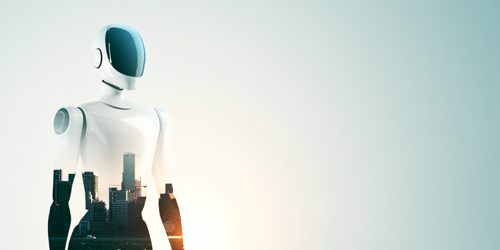 Futuristic humanoid robot with glossy surface and cityscape overlay standing against light gradient background representing automation and innovation. 3D Rendering