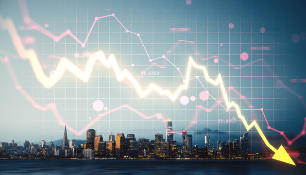 Glowing yellow downward arrow with financial graph overlaying city skyline shows global market collapse and economic recession concept background.