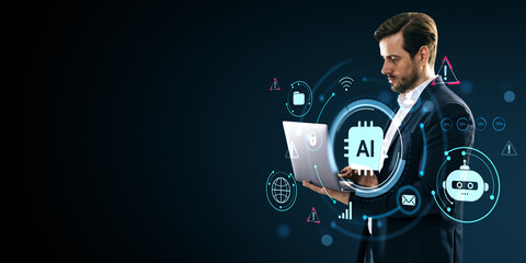 Businessman using laptop with AI and digital interface icons on dark background, symbolizing artificial intelligence and future technology concept.