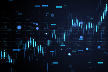 Abstract glowing financial chart with candlestick graph and currency exchange data on dark...