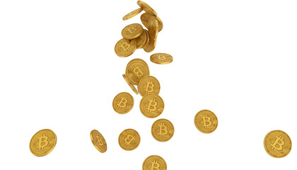 A collection of gold bitcoin coins falling on a white background with transparent background
