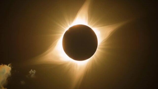 Stunning total solar eclipse showcasing the sun's fiery corona against a dark sky, a rare celestial astronomical event