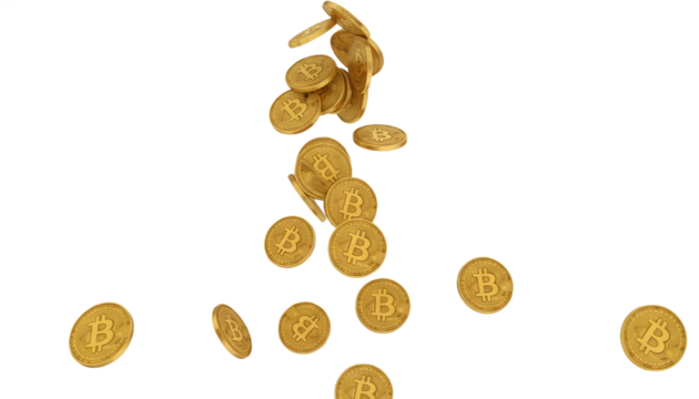 A collection of gold bitcoin coins falling on a white background with transparent background