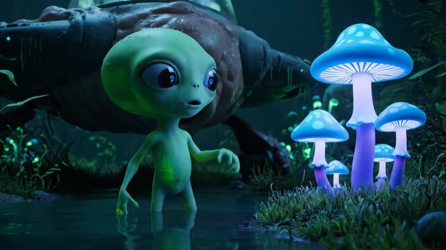 Alien creature creating a vibrant, glowing egg in a dark, mysterious swamp, surrounded by bioluminescent plants, illustrating an otherworldly spawning process in a fantasy setting