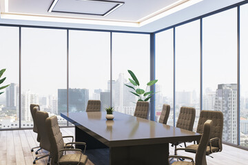 Modern corporate conference room with large windows and city skyline view in a high-rise office...