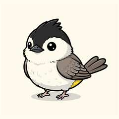 Adorable cartoon titmouse bird with a fluffy crest, cute chibi character vector illustration