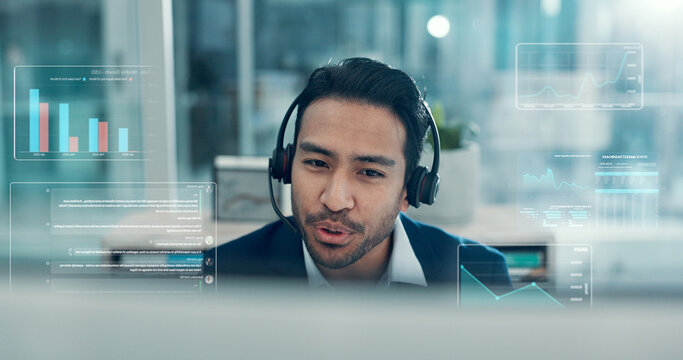 Telemarketing, man and talk in office with tech for insurance sale, growth stats and graphs overlay. Person, contact client and discussion for lead generation, market survey info and data collection.