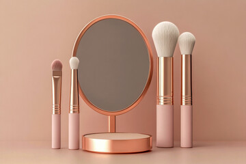 Soft pink tones create a calm setting for beautifully arranged makeup brushes and a round mirror, inviting creative beauty routines