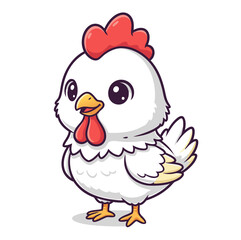 Adorable white cartoon chick with red comb and wattle, a charming symbol of farm life and happiness