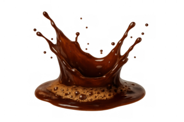 Rich chocolate or coffee liquid splashing creating a crown shape, dark brown drink pouring with foamy bubbles