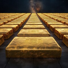 Rows of Gleaming Gold Ingots Under a Starry Night Sky Representing Wealth and Investments in a Dark Environment with Celestial Backdrop