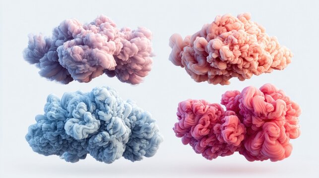 Abstract colorful smoke clouds in pink, blue, and red against a white background