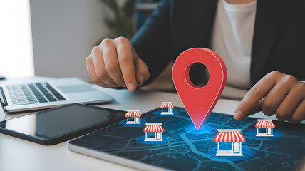 Business owner strategically plans expansion, locating new stores on digital map with pinpoint accuracy for growth and success.