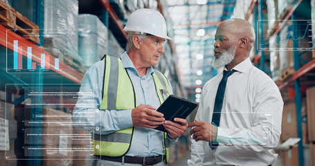 Shipping, people or talk in warehouse with tablet for logistics, supply chain or stats overlay. Manager, team or discussion in factory with tech for graphs, distribution inspection or quality control