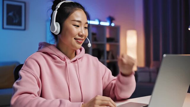 Asian Woman Works On Laptop Late At Night With Headphones