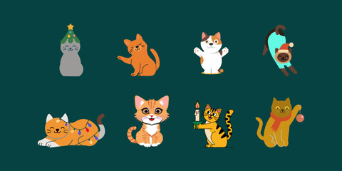Festive Cartoon Cats in Playful Holiday Costumes – Flat Vector Set on Dark Teal Background for Christmas and Celebration Themes