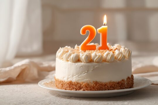 Beautiful Cream Cake with 21 Candle Celebrating Birthday Occasion