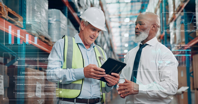 Graphs, overlay or team in warehouse with tablet, inventory or data audit in stock distribution. Logistics, review or operation manager in depot with tech, stats check or cost control in supply chain - Powered by Adobe