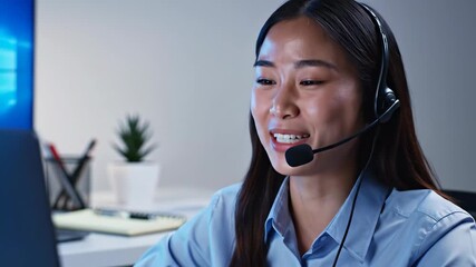 Smiling Asian Woman Working at Computer in Home Office at Night