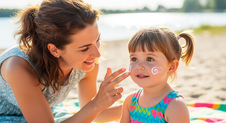 Mother and daughter applying sun protection cream on face on the beach.