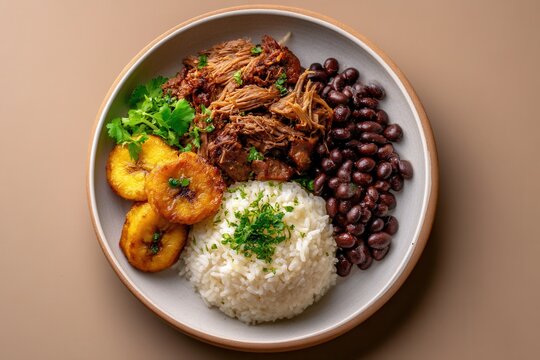 Flavorful Bowl of Pabellon Criollo With Shredded Beef, Rice, Beans, and Plantains