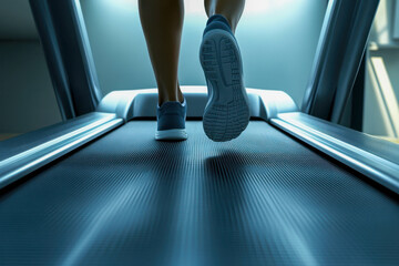 Person's foot strikes the treadmill belt in a well-lit gym, emphasizing a commitment to fitness during early hours