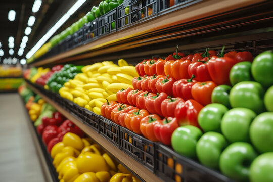 Vibrant bell peppers, bananas, and green produce fill grocery store shelves, inviting shoppers to enjoy fresh and healthy food options