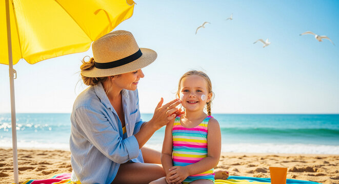 Mother and daughter playing on beach. Happy family having fun on summer vacation. - Powered by Adobe