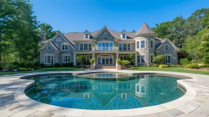 Luxurious stone mansion with a sparkling freeform swimming pool and manicured landscaping on a sunny summer day