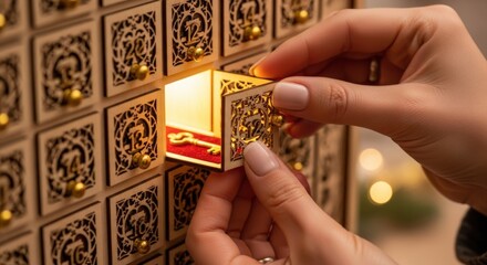 A golden key in an ornate wooden drawer, symbolizing holiday mystery and new beginnings