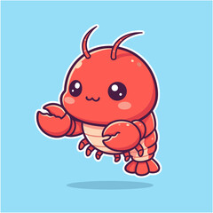 Cute cartoon lobster waving hello on a light blue background, illustration