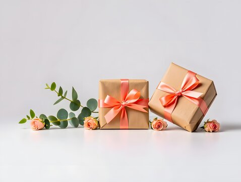 Gifts with peach ribbons and roses on a white surface for a special ocassion
