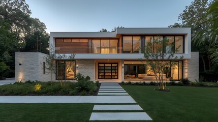 Fototapeta premium Modern luxury residence with large glass windows and clean architectural lines surrounded by lush greenery and trees at dusk