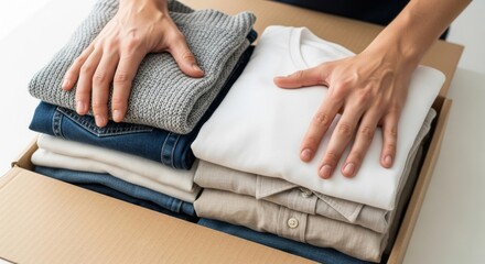 Organizing folded clothes in a cardboard box on a clean surface