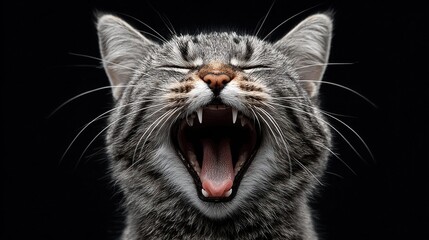 Close-up of a yawning tabby cat with sharp teeth against a black background