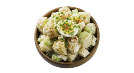 Potato Salad in Wooden Bowl with Boiled Egg and Chives on Light Background