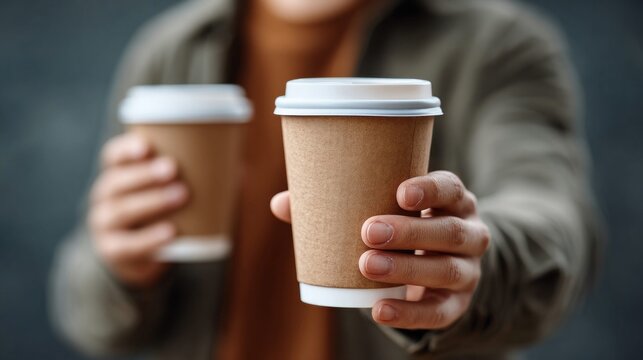 Person offering two takeaway coffee cups, a gesture of sharing and warmth