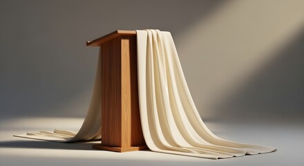 Wooden Podium with Elegant White Drape in Serene Studio Setting Perfect for Formal Presentations and Dignified Speeches within Neutral Tone