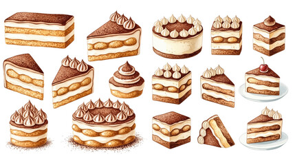 A collection of delicious tiramisu cakes and slices, presented in various sizes and angles, showcasing the layered dessert's texture and rich cocoa topping.