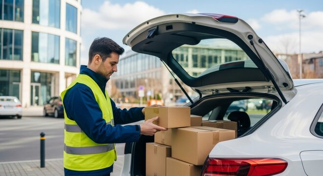 Delivery man unloading cardboard boxes from car in urban setting  