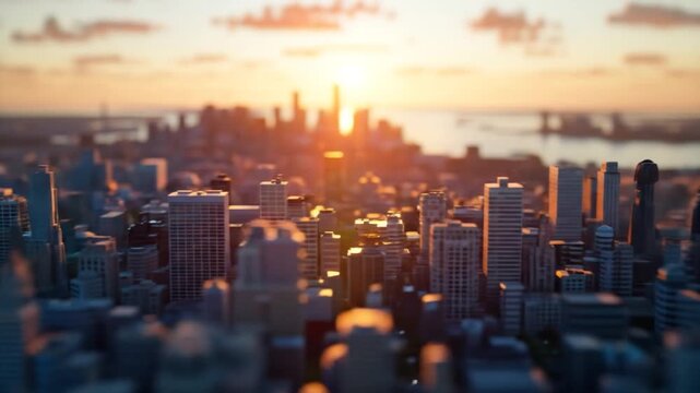 Miniature city skyline at golden hour with tilt-shift effect, depicting a vibrant urban landscape during sunset.