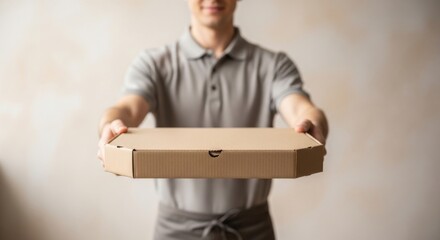 Man delivering pizza box with a smile against neutral background  