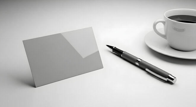 Blank Card and Coffee: A minimalist setup featuring a blank card, ready for personalization, alongside a cup of coffee and a pen, perfect for a professional setting. 