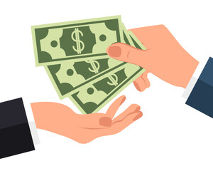 Hand holds a lot of money banknote giving them to another. How to get rich. A question that worries many. Vector illustration.